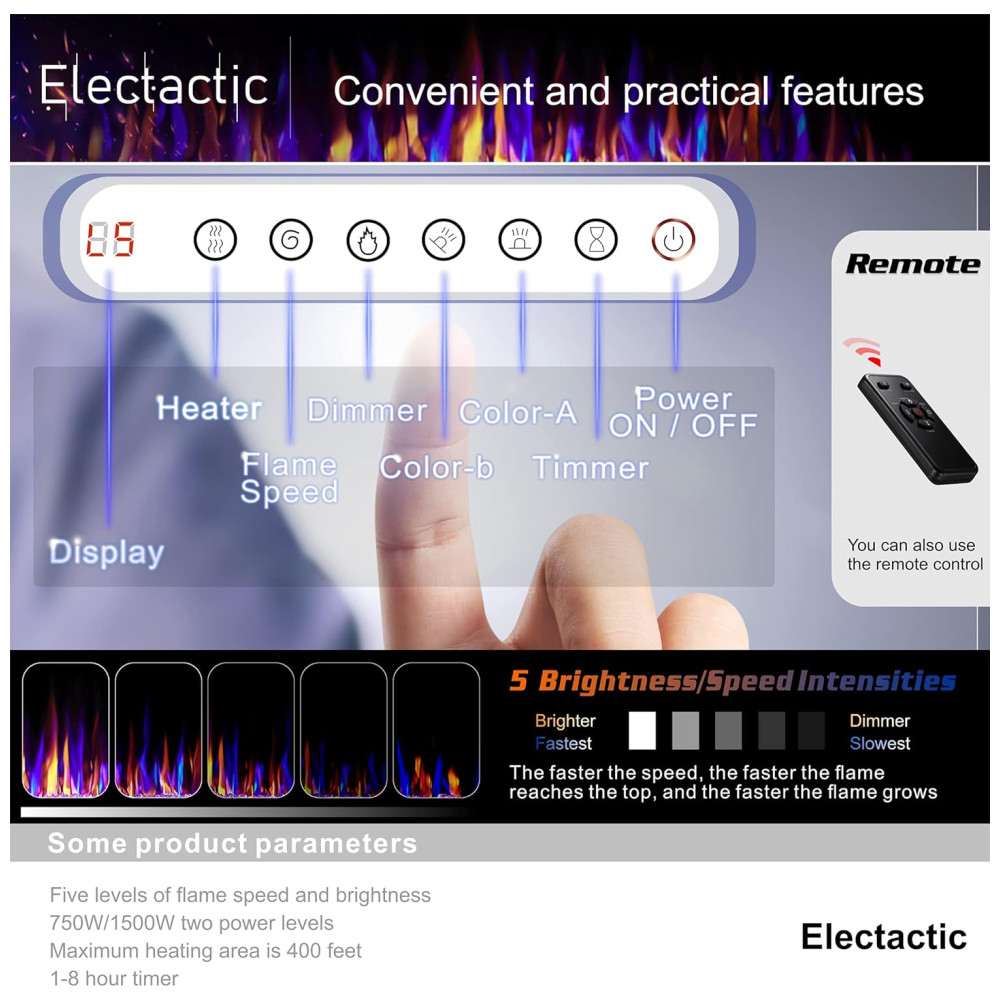 ectqctjm2ps90b_4 jpg - Lareira Elétrica de Embutir A45x172L com Controle Remoto e Digital, Luz LED, Chamas Multicolorida e Temporizador, 1500W, 110v, ELECTACTIC 868C3, Preto