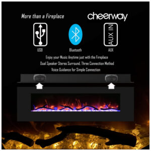ectqd43gytw90b_1 jpg - Lareira Elétrica de Embutir A45x106L com Controle Remoto, Alto Falante e Chama Ajustável com Conexão USB e AUX, 110v, CHEERWAY, Preto