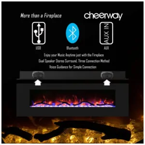 ectqd43gytw90b_1 jpg - Lareira Elétrica de Embutir A45x106L com Controle Remoto, Alto Falante e Chama Ajustável com Conexão USB e AUX, 110v, CHEERWAY, Preto