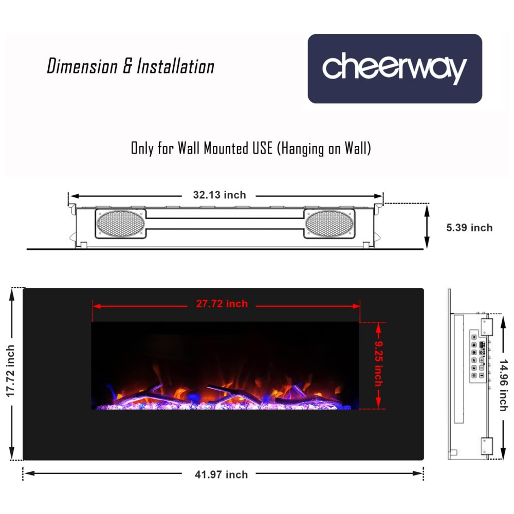 ectqd43gytw90b_6 jpg - Lareira Elétrica de Embutir A45x106L com Controle Remoto, Alto Falante e Chama Ajustável com Conexão USB e AUX, 110v, CHEERWAY, Preto