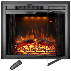 Lareira Elétrica de Embutir A53x64L cm com Controle Remoto, Porta de Vidro, Tela de Malha, Som de Crepitação de Fogo, 3 Cores de Chamas Ajustáveis e Luz Superior, 110V 1500W, Velaychimney, Preta