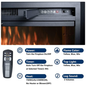 Lareira Elétrica de Embutir A53x64L cm com Controle Remoto, Porta de Vidro, Tela de Malha, Som de Crepitação de Fogo, 3 Cores de Chamas Ajustáveis e Luz Superior, 110V 1500W, Velaychimney, Preta
