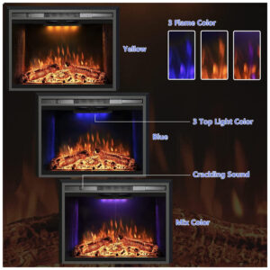 Lareira Elétrica de Embutir A53x64L cm com Controle Remoto, Porta de Vidro, Tela de Malha, Som de Crepitação de Fogo, 3 Cores de Chamas Ajustáveis e Luz Superior, 110V 1500W, Velaychimney, Preta