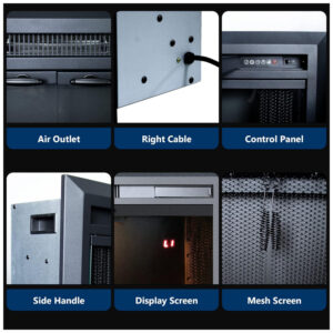 Lareira Elétrica de Embutir A53x64L cm com Controle Remoto, Porta de Vidro, Tela de Malha, Som de Crepitação de Fogo, 3 Cores de Chamas Ajustáveis e Luz Superior, 110V 1500W, Velaychimney, Preta