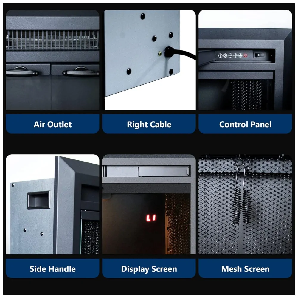 Lareira Elétrica de Embutir A53x64L cm com Controle Remoto, Porta de Vidro, Tela de Malha, Som de Crepitação de Fogo, 3 Cores de Chamas Ajustáveis e Luz Superior, 110V 1500W, Velaychimney, Preta