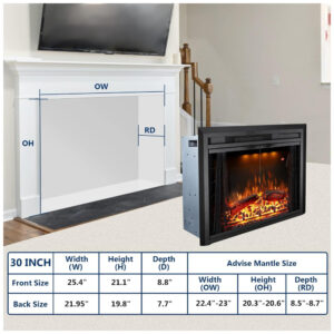 Lareira Elétrica de Embutir A53x64L cm com Controle Remoto, Porta de Vidro, Tela de Malha, Som de Crepitação de Fogo, 3 Cores de Chamas Ajustáveis e Luz Superior, 110V 1500W, Velaychimney, Preta