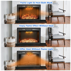 Lareira Elétrica de Embutir A53x64L cm com Controle Remoto, Porta de Vidro, Tela de Malha, Som de Crepitação de Fogo, 3 Cores de Chamas Ajustáveis e Luz Superior, 110V 1500W, Velaychimney, Preta