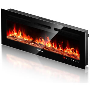Lareira Elétrica de Embutir de Chama Realista A43x127L cm com Suporte de TV, Conjunto de Toras e Chamas de Cristal, Temporizador, Controle Remoto e Digital, 110V 1500W, VISVEIL, Preta