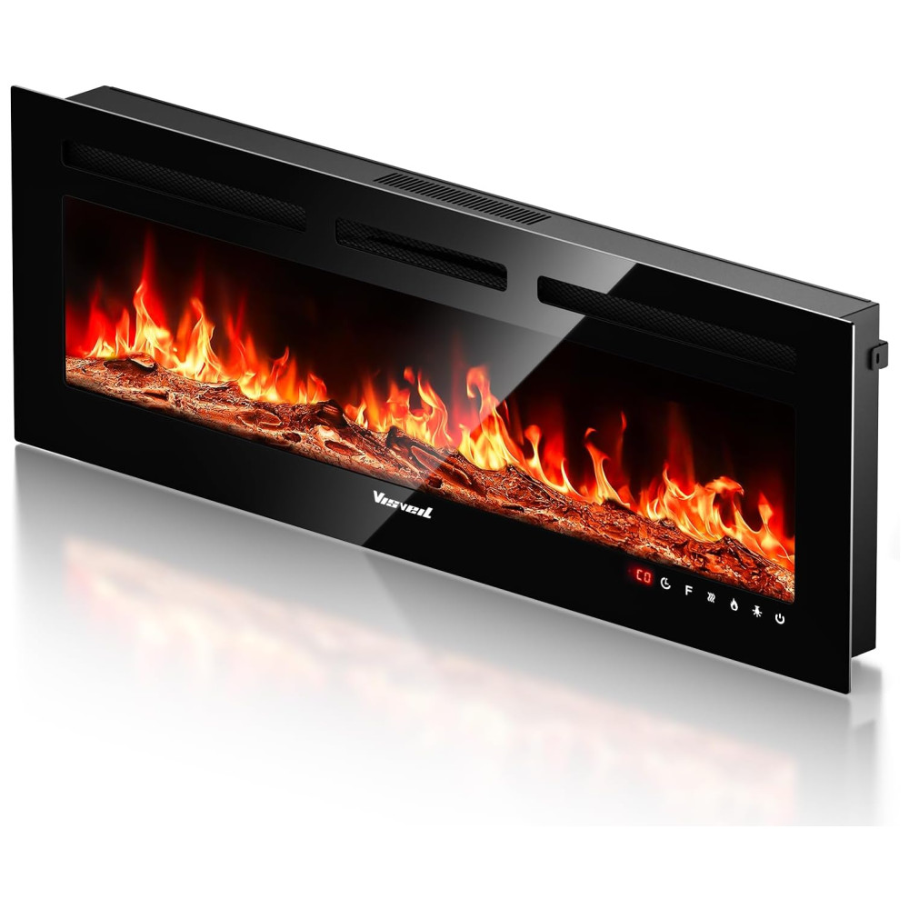 Lareira Elétrica de Embutir de Chama Realista A43x127L cm com Suporte de TV, Conjunto de Toras e Chamas de Cristal, Temporizador, Controle Remoto e Digital, 110V 1500W, VISVEIL, Preta