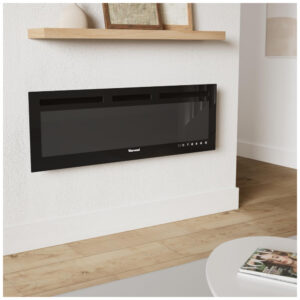 Lareira Elétrica de Embutir de Chama Realista A43x127L cm com Suporte de TV, Conjunto de Toras e Chamas de Cristal, Temporizador, Controle Remoto e Digital, 110V 1500W, VISVEIL, Preta