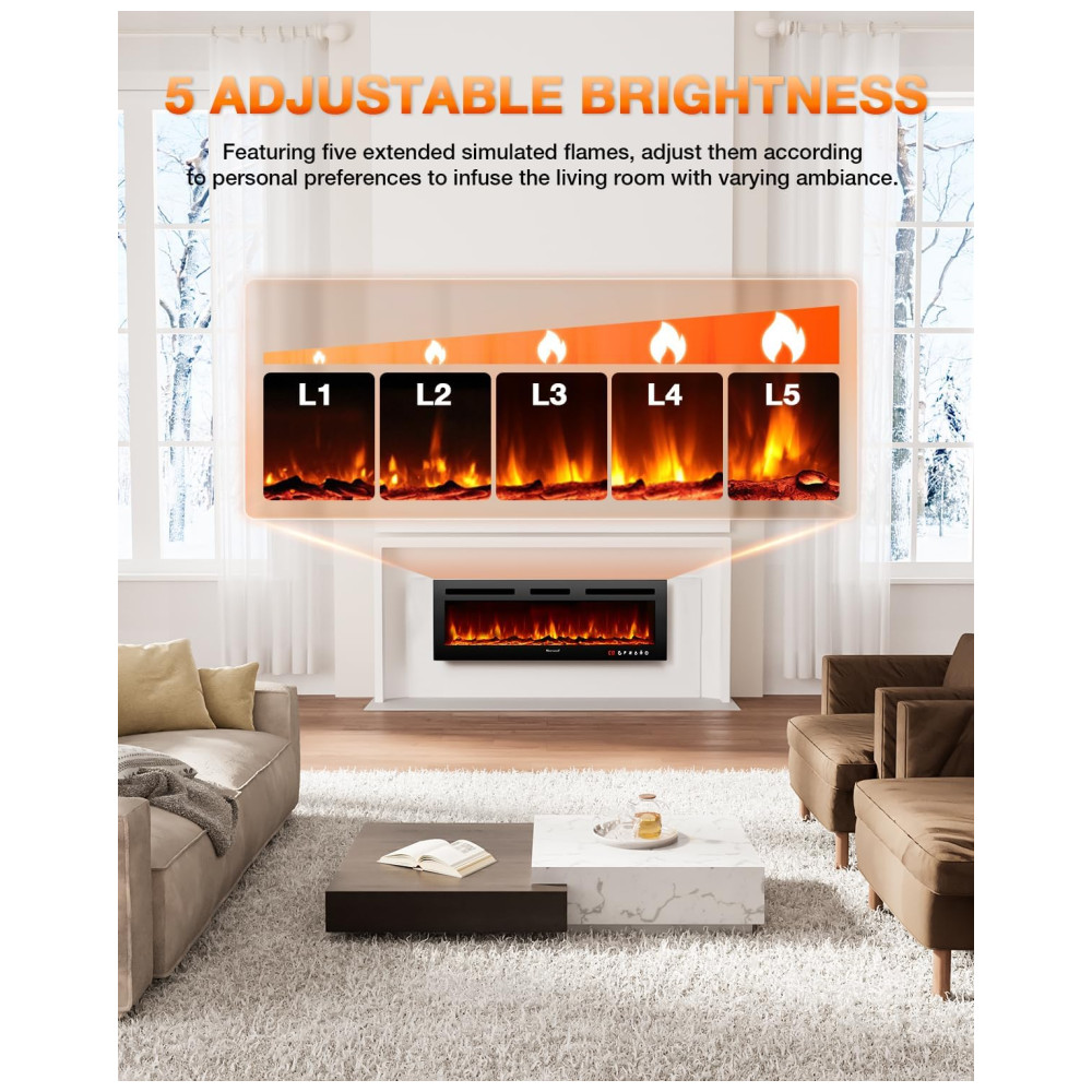 Lareira Elétrica de Embutir de Chama Realista A43x127L cm com Suporte de TV, Conjunto de Toras e Chamas de Cristal, Temporizador, Controle Remoto e Digital, 110V 1500W, VISVEIL, Preta