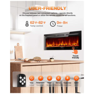 Lareira Elétrica de Embutir de Chama Realista A43x127L cm com Suporte de TV, Conjunto de Toras e Chamas de Cristal, Temporizador, Controle Remoto e Digital, 110V 1500W, VISVEIL, Preta
