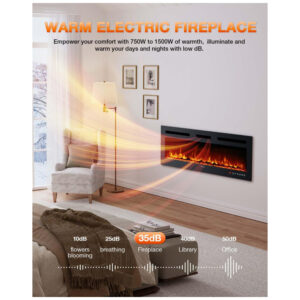 Lareira Elétrica de Embutir de Chama Realista A43x127L cm com Suporte de TV, Conjunto de Toras e Chamas de Cristal, Temporizador, Controle Remoto e Digital, 110V 1500W, VISVEIL, Preta