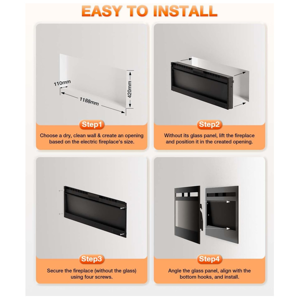 Lareira Elétrica de Embutir de Chama Realista A43x127L cm com Suporte de TV, Conjunto de Toras e Chamas de Cristal, Temporizador, Controle Remoto e Digital, 110V 1500W, VISVEIL, Preta