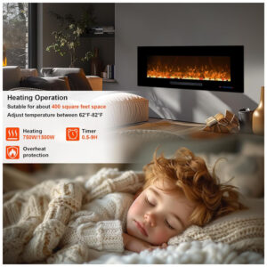 ectqdzbw118c0b_3 jpg - Lareira Elétrica de Embutir A46x182L cm com Controle Remoto, 13 Cores de Chamas, 5 Brilhos, e Temporizador, 110V 1500W, Oxhark Flame, Preta