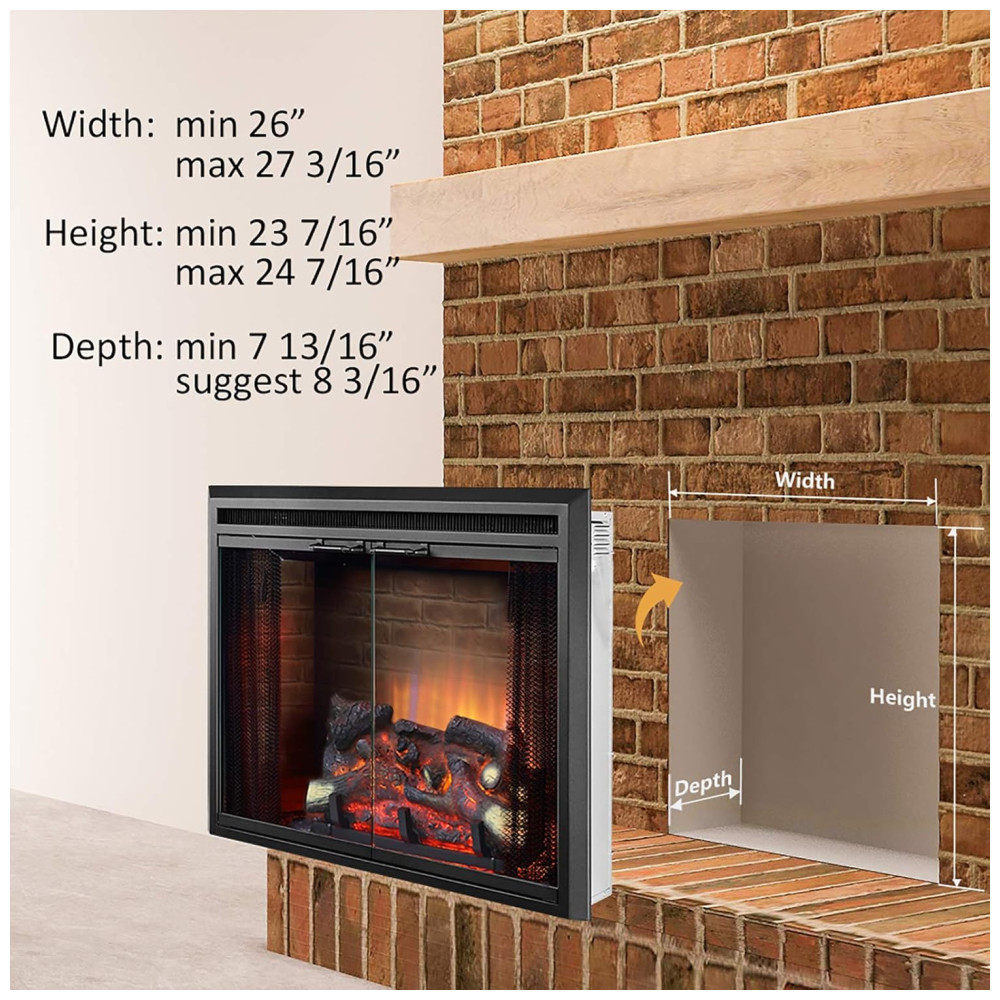 Lareira Elétrica Pura Flame de Embutir A60x68L com Controle Remoto e Porta de Vidro, 1500W, 110v, PURAFLAME, Preto