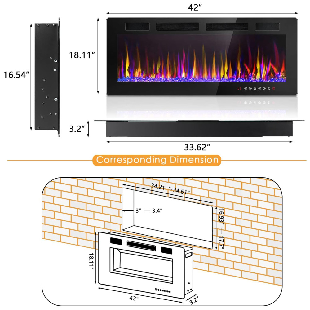 ectqfztn5xpb0b_6 jpg - Lareira Elétrica de Embutir A45x106L com Controle Remoto e 12 Cores de Chamas, 110V 1500W, LEMBERI, Preta