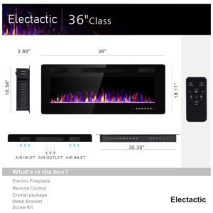 Lareira Elétrica de Embutir A45x106L com Controle Remoto e Digital, Luz LED, Chama Ajustável e Temporizador, 1500W, 110v, ELECTACTIC 842C3, Preto