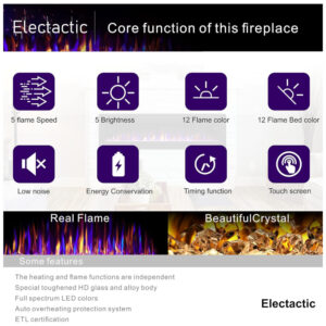 Lareira Elétrica de Embutir A45x106L com Controle Remoto e Digital, Luz LED, Chama Ajustável e Temporizador, 1500W, 110v, ELECTACTIC 842C3, Preto