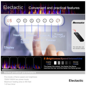 Lareira Elétrica de Embutir A45x106L com Controle Remoto e Digital, Luz LED, Chama Ajustável e Temporizador, 1500W, 110v, ELECTACTIC 842C3, Preto
