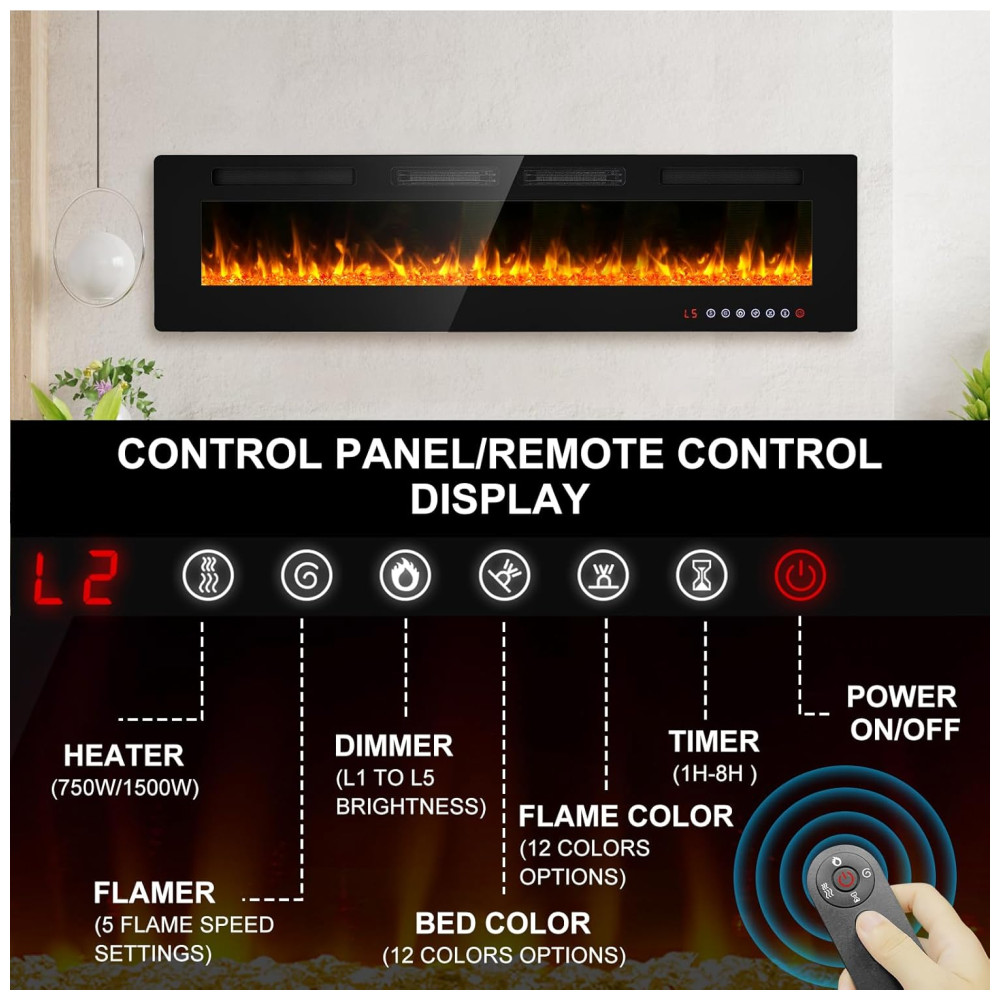 ectqg7dv8ldb0b_2 jpg - Lareira Elétrica de Embutir Ultrafina A46x182L cm com Controle Remoto ou Tela Sensível ao Toque e Temporizador, 110V 1500W, BREEZEHEAT, Preta