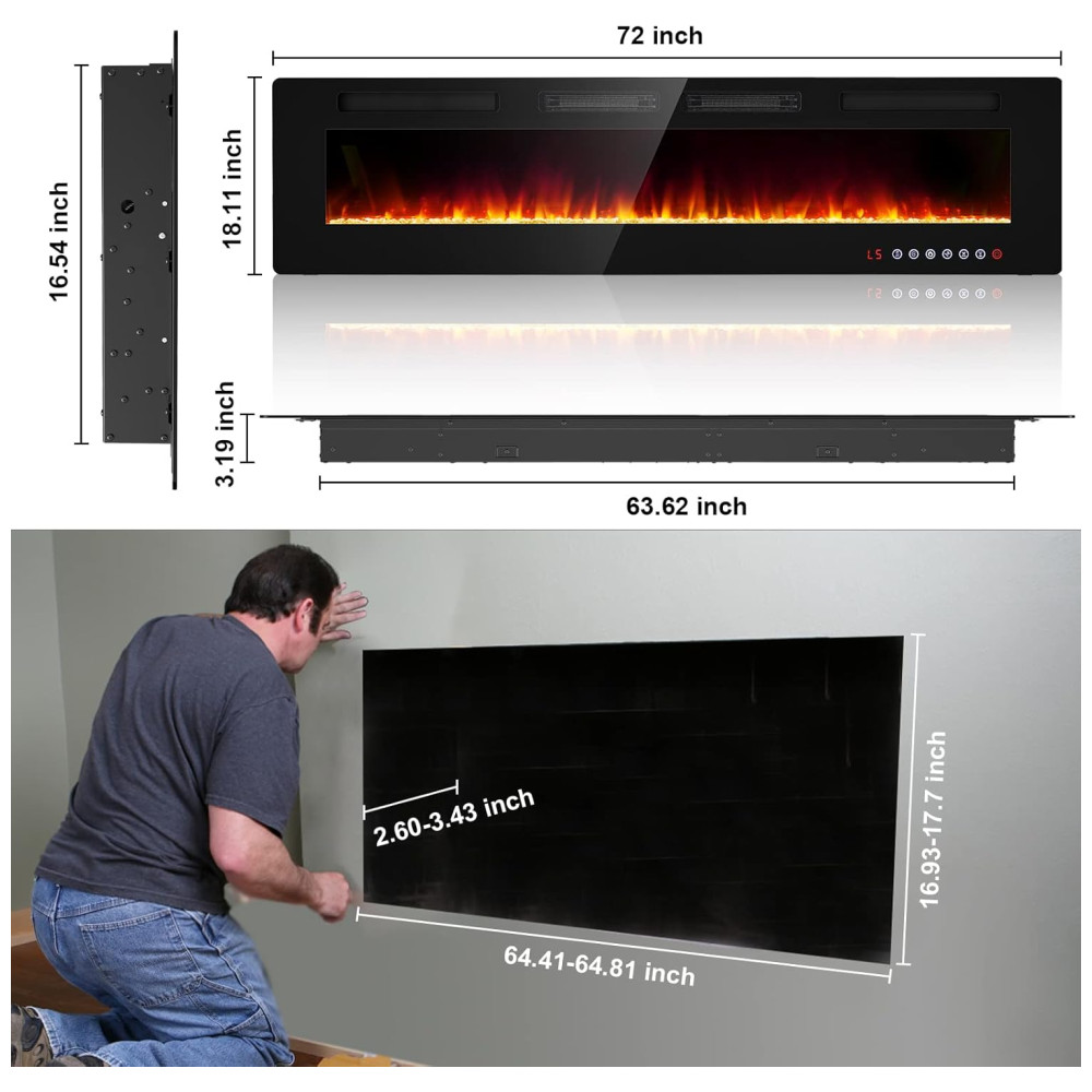 ectqg7dv8ldb0b_5 jpg - Lareira Elétrica de Embutir Ultrafina A46x182L cm com Controle Remoto ou Tela Sensível ao Toque e Temporizador, 110V 1500W, BREEZEHEAT, Preta