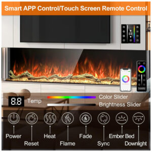 Lareira Elétrica de Embutir A63x111L cm com 3 Lados, 251 Chamas Realistas, Baixo Ruído e Controle Remoto por APP, 110V 3000W, Cosmopolitan Fireplaces, Preta