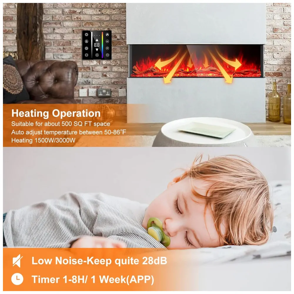 Lareira Elétrica de Embutir A63x111L cm com 3 Lados, 251 Chamas Realistas, Baixo Ruído e Controle Remoto por APP, 110V 3000W, Cosmopolitan Fireplaces, Preta