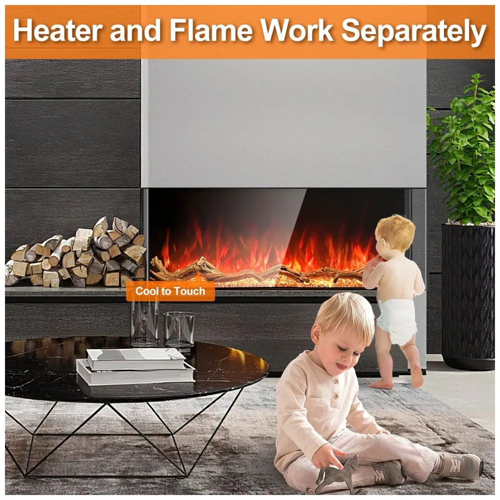 Lareira Elétrica de Embutir A63x111L cm com 3 Lados, 251 Chamas Realistas, Baixo Ruído e Controle Remoto por APP, 110V 3000W, Cosmopolitan Fireplaces, Preta