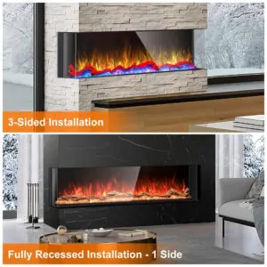 Lareira Elétrica de Embutir A63x111L cm com 3 Lados, 251 Chamas Realistas, Baixo Ruído e Controle Remoto por APP, 110V 3000W, Cosmopolitan Fireplaces, Preta
