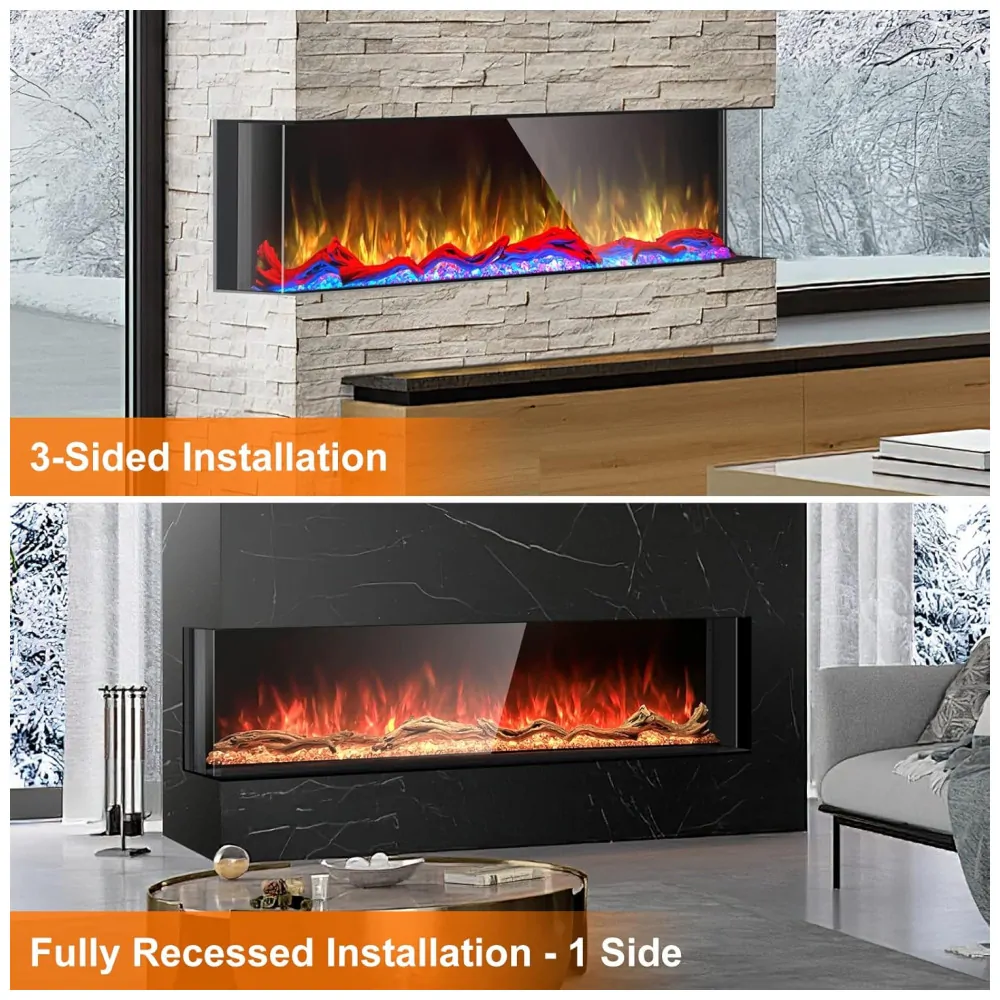Lareira Elétrica de Embutir A63x111L cm com 3 Lados, 251 Chamas Realistas, Baixo Ruído e Controle Remoto por APP, 110V 3000W, Cosmopolitan Fireplaces, Preta