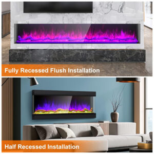Lareira Elétrica de Embutir A63x111L cm com 3 Lados, 251 Chamas Realistas, Baixo Ruído e Controle Remoto por APP, 110V 3000W, Cosmopolitan Fireplaces, Preta