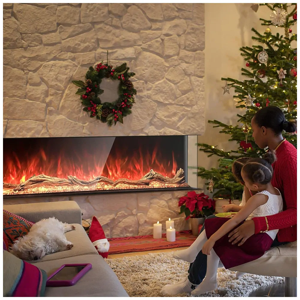 Lareira Elétrica de Embutir A63x111L cm com 3 Lados, 251 Chamas Realistas, Baixo Ruído e Controle Remoto por APP, 110V 3000W, Cosmopolitan Fireplaces, Preta