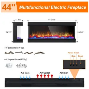 Lareira Elétrica de Embutir A63x111L cm com 3 Lados, 251 Chamas Realistas, Baixo Ruído e Controle Remoto por APP, 110V 3000W, Cosmopolitan Fireplaces, Preta