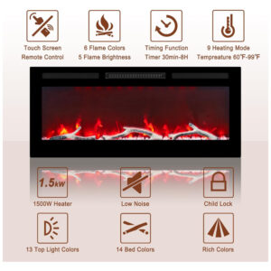 ectqhxyn19cc0b_6 jpg - Lareira Elétrica de Embutir A45x106L cm com Controle Remoto, Baixo Ruído e 6 Opções de Chamas, 110V 1500W, MONDAWE, Preta