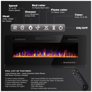 ectqj614yzk80b_3 jpg - Lareira Elétrica de Embutir A45x127L com Controle Remoto e Digital, Luz LED, Chama Ajustável e Temporizador, 10W, 110v, BOSSIN 50 inch Electric Fireplace, Preto