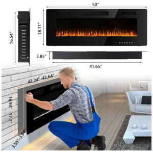 ectqj614yzk80b_5 jpg - Lareira Elétrica de Embutir A45x127L com Controle Remoto e Digital, Luz LED, Chama Ajustável e Temporizador, 10W, 110v, BOSSIN 50 inch Electric Fireplace, Preto