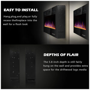 ectqj614yzk80b_7 jpg - Lareira Elétrica de Embutir A45x127L com Controle Remoto e Digital, Luz LED, Chama Ajustável e Temporizador, 10W, 110v, BOSSIN 50 inch Electric Fireplace, Preto