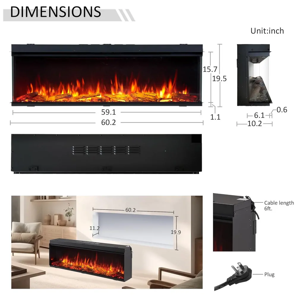 ectqj7vrfysc0b_5 jpg - Lareira Elétrica Inteligente Legend Flame 1,50m com Inserção Embutida, Visualização de 123 Ângulos, Aquecedor 750W 1500W, Múltiplas Cores de Chamas, Compatível com Alexa e Google