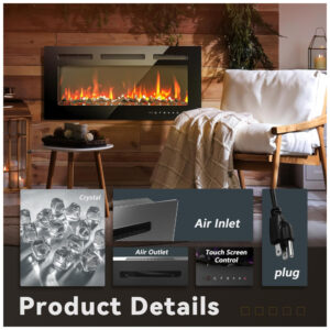 ectqk3ylpzld0b_6 jpg - Lareira Elétrica EUHOMY de 91 cm, Embutida ou de Parede, Chama Ajustável, Aquecedor com Controle Remoto, Timer, Tela Touch, Troncos e Cristais