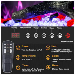 Lareira Elétrica de Embutir A44x182L com Controle Remoto, Tela Sensível ao Toque e Chamas Multicoloridas, 110V 1500W, Kentsky, Preta