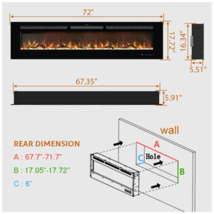 Lareira Elétrica de Embutir A44x182L com Controle Remoto, Tela Sensível ao Toque e Chamas Multicoloridas, 110V 1500W, Kentsky, Preta