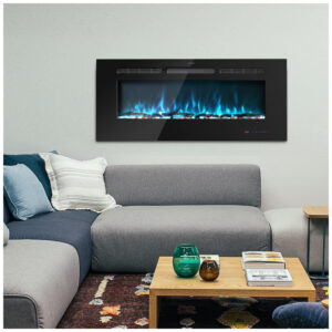 Lareira Elétrica de Embutir A44x182L com Controle Remoto, Tela Sensível ao Toque e Chamas Multicoloridas, 110V 1500W, Kentsky, Preta