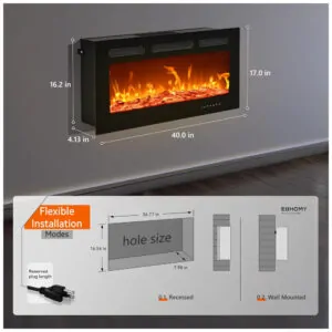 ectqk5yybzld0b_5 jpg - Lareira Elétrica EUHOMY de 102 cm, Embutida ou de Parede, Chama Ajustável, Aquecedor com Controle Remoto, Timer, Tela Touch, Troncos e Cristais