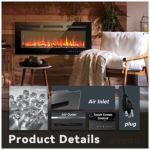 ectqk5yybzld0b_6 jpg - Lareira Elétrica EUHOMY de 102 cm, Embutida ou de Parede, Chama Ajustável, Aquecedor com Controle Remoto, Timer, Tela Touch, Troncos e Cristais