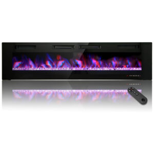 Lareira Elétrica de Embutir A46x182L cm com Temporizador, Controle Remoto, Baixo Ruído, Cor e Velocidade de Chama Ajustáveis, 110V 1500W, PHI VILLA, Preta