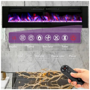 Lareira Elétrica de Embutir A46x182L cm com Temporizador, Controle Remoto, Baixo Ruído, Cor e Velocidade de Chama Ajustáveis, 110V 1500W, PHI VILLA, Preta