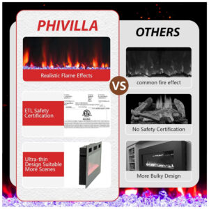 Lareira Elétrica de Embutir A46x182L cm com Temporizador, Controle Remoto, Baixo Ruído, Cor e Velocidade de Chama Ajustáveis, 110V 1500W, PHI VILLA, Preta