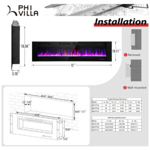 Lareira Elétrica de Embutir A46x182L cm com Temporizador, Controle Remoto, Baixo Ruído, Cor e Velocidade de Chama Ajustáveis, 110V 1500W, PHI VILLA, Preta