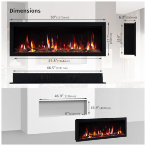 Lareira Elétrica de Embutir A45x127L cm com 9 Cores de Chama, Temporizador, Desligamento de Segurança, Compatível Alexa e Google Assistant, 110V 1500W, PuraFlame, Preta